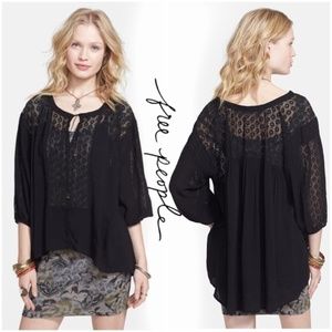 Free People Black Crochet Lace Inset Peasant Top 🌷